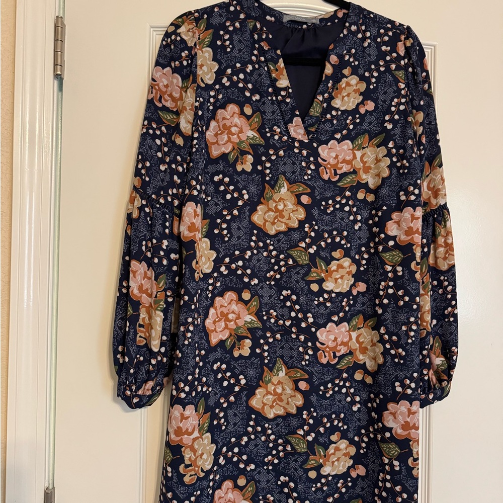 Blue Long Sleeve V-Neck Dress with Bishop Sleeves
